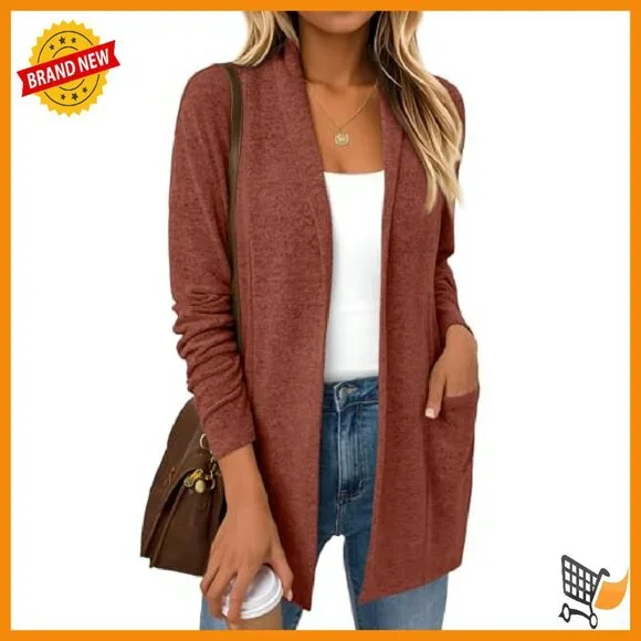Lightweight Open Front Cardigan with Pockets - Long Sleeve Hip Length